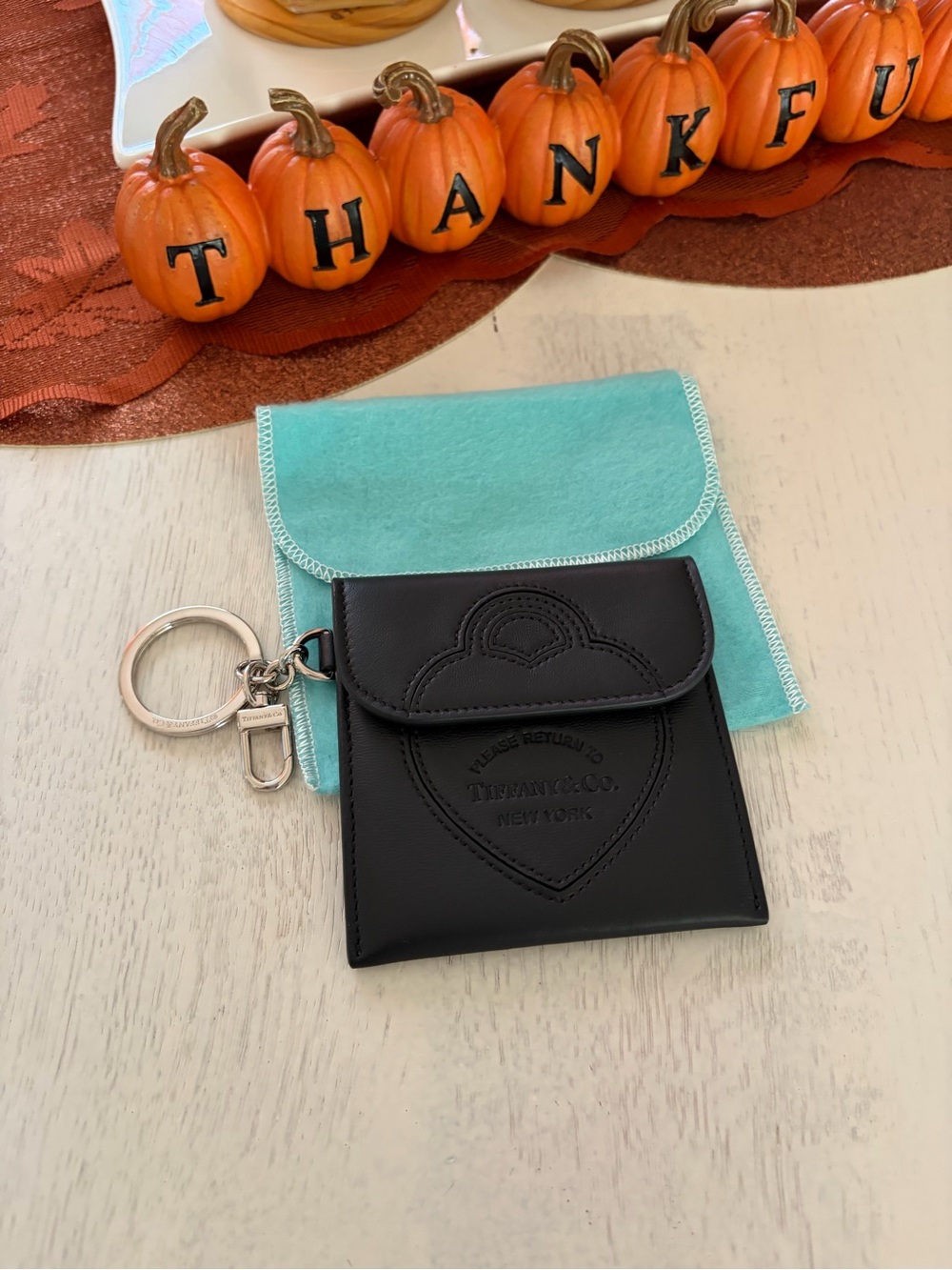 Tiffany & Co. Black Leather Heart Key & Card Holder with Silver Hardware